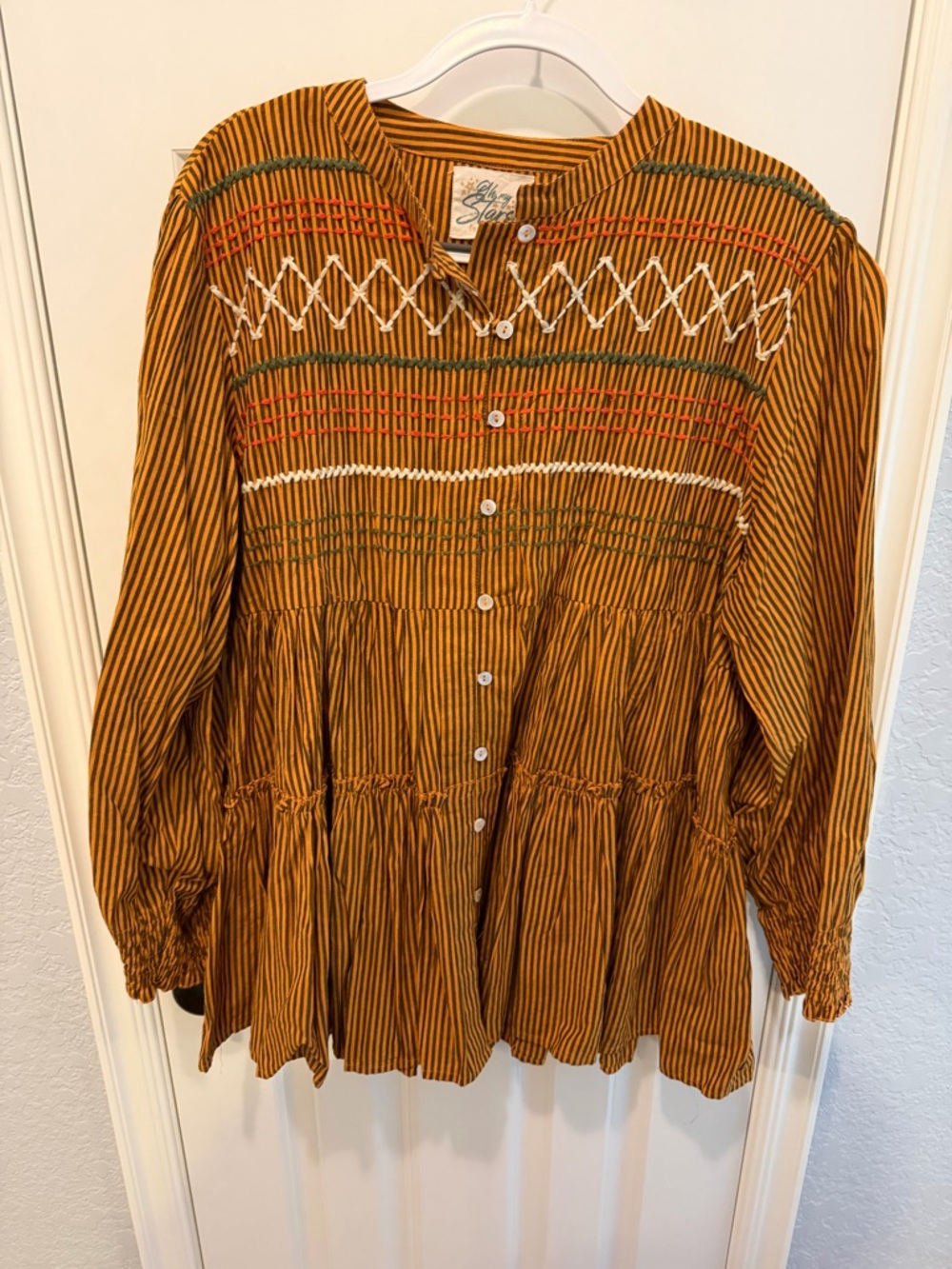 Layerz Boho Button-Front Mustard Striped Smocked Tiered Blouse with Fall Vibes